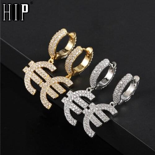 Hip Hop 1Pair Iced Out Bling Cubic Zircon EUR Shape Stud Earring Rock For Men Women Jewelry