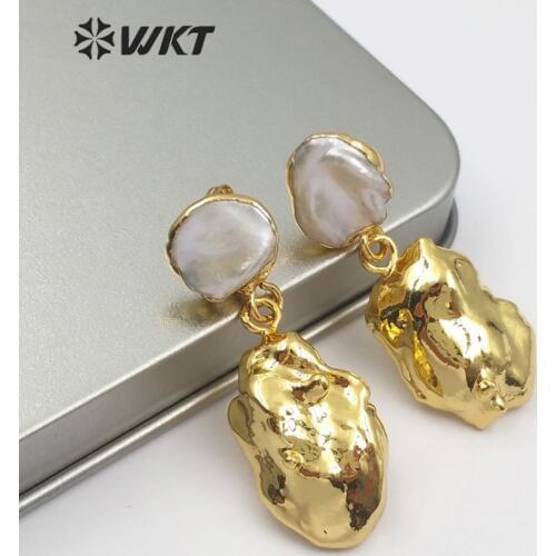 WT-E490 Freshwater Pearl stud With Random Shape Baroque pearl Jewelry Full Gold Dipped Double Pearl Earring Boho Gift For Women