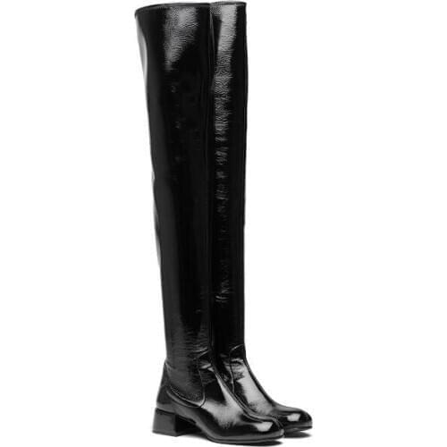 Womens Shoes Milan Over The Knee Leather Boots Thigh-high Low Block Heel Boots