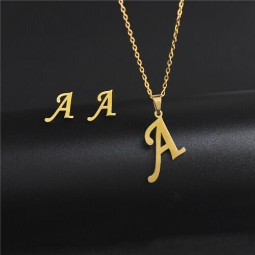 Womens Initials Letter Necklace Earrings Set Dubai Gold Color Stainless Steel African Indian Wedding Jewelry Sets for Women