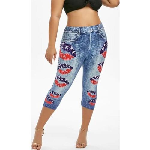 Summer Women High Waist Skinny Jeans Knee Length Hole Ripped Denim Capri Slim Streetwear Stretch Lip print Casual Pant