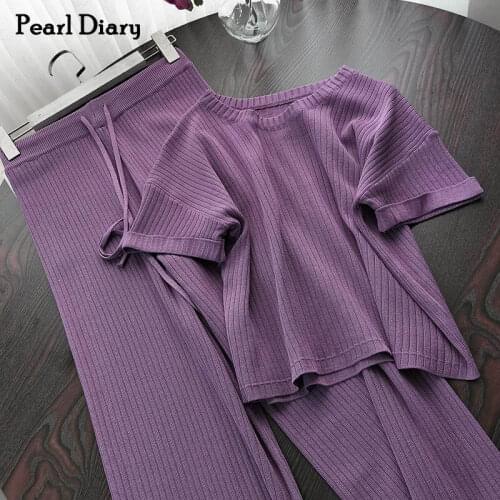 Pearl Diary Women Suits Wide Knitted Rib Top and Pant Casual Set Short Sleeve Top Elastic Waistband Drawstring Trousers Co-ords