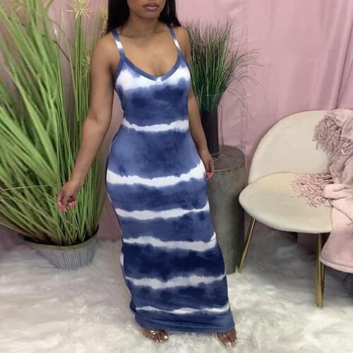 Tie Dye Striped Print Sexy Bodycon Sundress Women Deep V Neck Sleeveless Long Party Dress Summer Body-shaping Backless Vestido