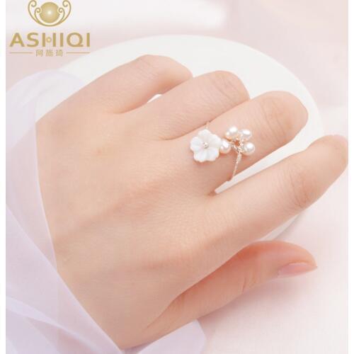 ASHIQI Natural Freshwater Pearl 925 Sterling Silver Ring Fashion Natural shell Flowers Handmade jewelry for women