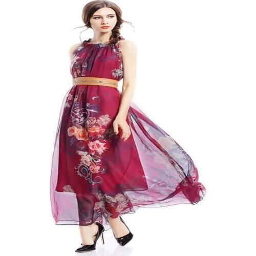 Summer Dress Elegant Women Maxi Dress Vintage Chiffon Floral Boho Beach Casual Ladies Long Dresses Mesh Vestido 3263