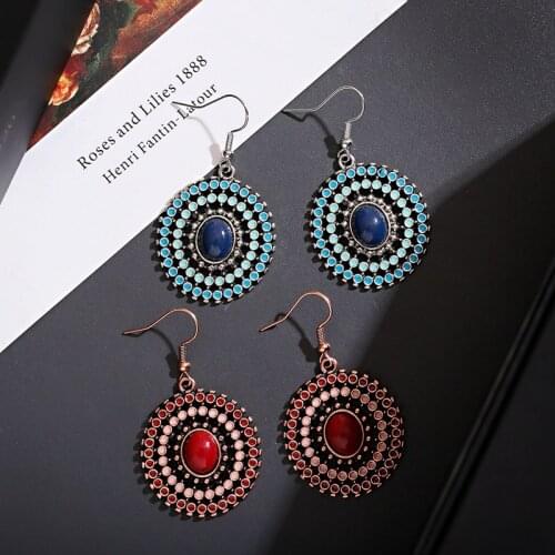 2020 Stone Earrings Fashion Jewelry For Women Round Alloy Hollow Blue Red Statement Earrings Party Jewelry Wholesale