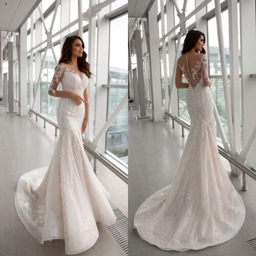 2021 Wedding Dresses Long Sleeves Backless Bridal Gowns Custom Made Lace Appliques Sequins Sweep Train Mermaid Wedding Dress