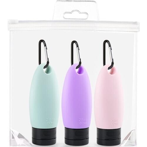 3Pcs 60ml Portable Silicone Squeezable Empty Travel Bottle with Keychain Carrier 667D