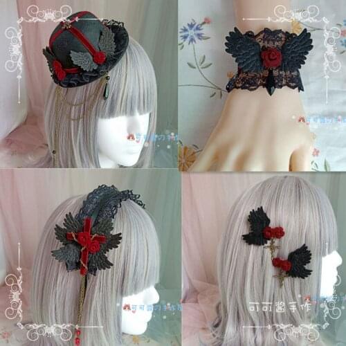 Lolita dark gothic hair accessories Lolita wings wine red vampire rose hairpin Hair Clip HeadWear