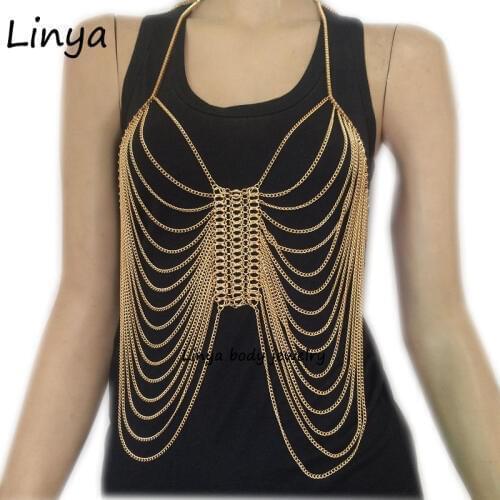 BC-489 Sexy Fashion Body Harness Necklace Chain Halter Bra Lingerie Checker Exotic Dress Showgirl Jewelry
