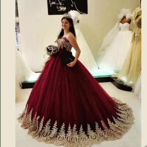 Burgundy Long Prom Dresses sweetheart Tulle Puffy With Gold Lace Appliques Ball Gowns Evening Dress 2020