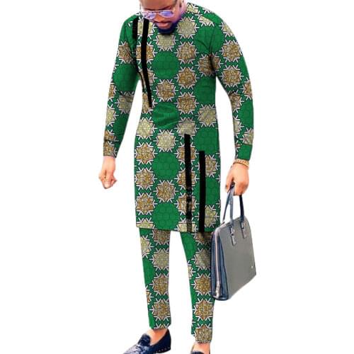 Black Strip Tops Breast Pocket Design Patchwork Shirts+Trousers African Print Mens Outfits Male Groom Suits Ankara Pant Sets