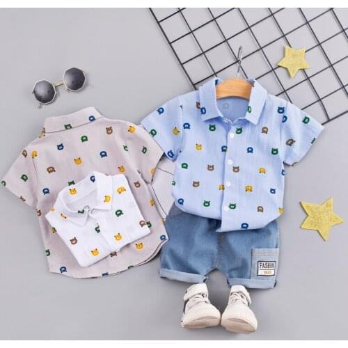 Infant Baby Boys Clothes Summer Outfit Set Cartoon Bear Style Short Sleeve Button Down Shirt + Short Pants Suits
