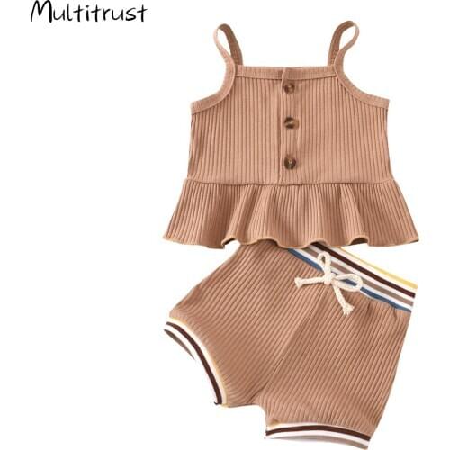 Baby Girls Sets Summer Newborn Infant Baby Boys Girls Button Ruffles Crop Tops+Striped Shorts Pants Kids Clothing Tracksuits