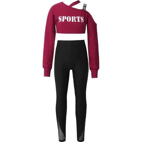 Kids Girls Dancewear Gymnastics Sports Suit Asymmetric Shoulder Long Sleeves Letters Print Cropped Tops and High Waist Pants Set