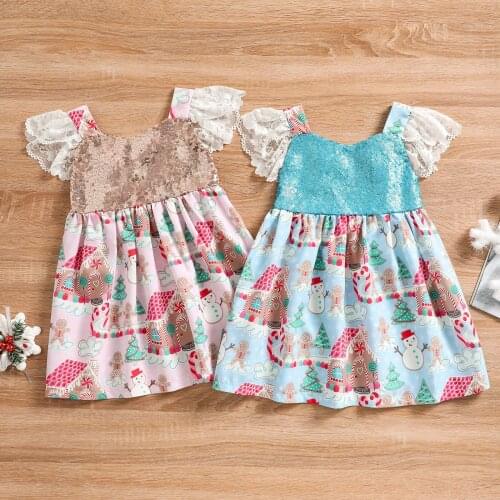Kids Girl Christmas Dress Sequins Cartoon Patterns U-Neck Lace Ruffle Short Sleeve Dress for Girls Pink/Light Blue 1-6 Years