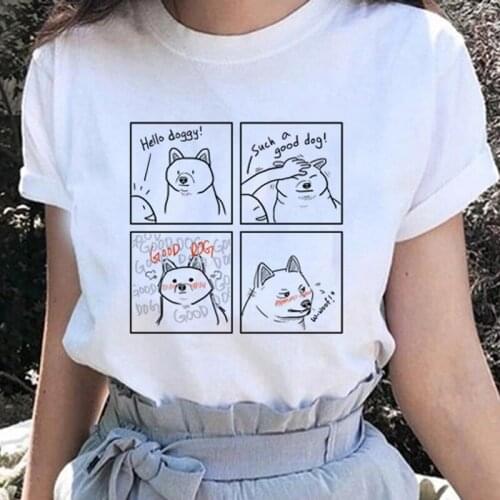 T-shirt Korean solid white wild cute dog comic shirt printing series polyester short sleeve dress jacket