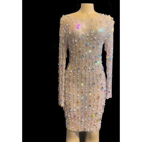 Hot Sale New Women Transparent Clothing Rhinestones pearls Mesh Dress Birthday Stretch See Through Singer Prom Party Dresses