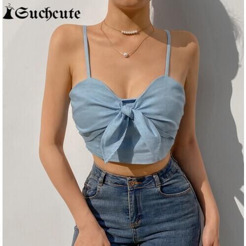 SUCHCUTE Cute Bow Tie V-Neck Crop Tops For Women Streetwear y2k Fashion Tank Tops 2021 Summer Blue Camisole Kawaii Clothes