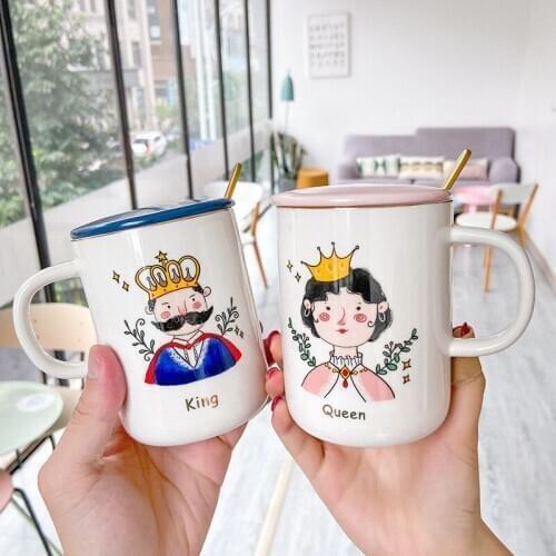 360ml King and Queen Mugs Set Creative Ceramic Mug With Lid Spoon Couple Cup Wedding Anniversary Valentines Christmas Gift Set