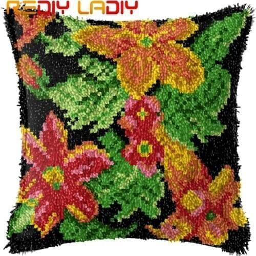 Latch Hook Cushion Red Flowers Pre-Printed Canvas Cushion Front Acrylic Yarn Crochet Pillow Case Kit Sofa Bed Pillows Home Decor