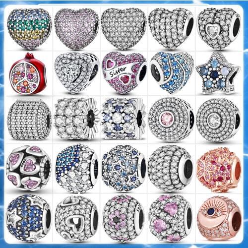 Luxury 925 Sterling Silver Full Pave CZ Round & Heart Beads Charms Fit Original Pandora Bracelet High Quality Jewelry Gift