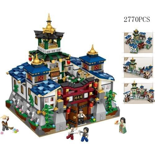 Chinatown City street view mini block Martial arts hall assembly building bricks figures Foldable streetscape toy for gift