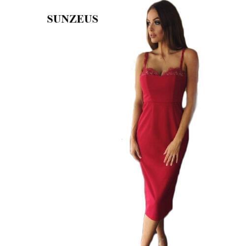 Fashion Red Bridesmaid Dress 2019 Spaghetti Straps Sweetheart Knee Length Party Gowns With Lace Wedding Guest Dresses SAU930