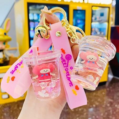Fashion Cartoon Cute Acrylic Keychain Creative Oil Quicksand Milk Tea Bottle Car Keychain Charm Girl Bag Small Gift Keychain