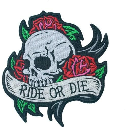 Skull with Roses Embroidery Patches Ride or Die Iron on for DIY Clothing Appliques Motorcycle Biker Jackets Vests Accessories