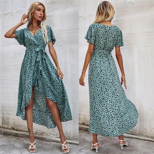 Fashion Women Summer Polka Print Dress for Streetwear Irregular Design Bandage Decor V-Neck Short Sleeve High Waist Slim Dress