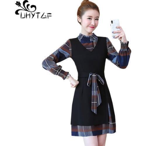 UHYTGF vestidos Two-piece Womens autumn winter dresses New Fashion plaid Loose plus size dress elegant Female bandage dress 365