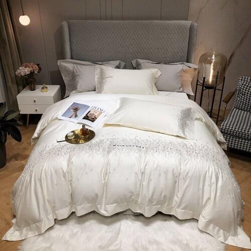 Luxury Silver Chic Embroidery 1000TC Egyptian Cotton Silky Soft Bedding Set Queen King Duvet Cover Bed Sheet Pillowcases 4Pcs