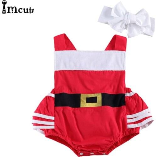 Imcute Infant Baby Girl Christmas Outfits Cute Halter Santa Ruffle Bodysuits+ Headband 2Pcs Baby Boys Clothes Set Party Clotging