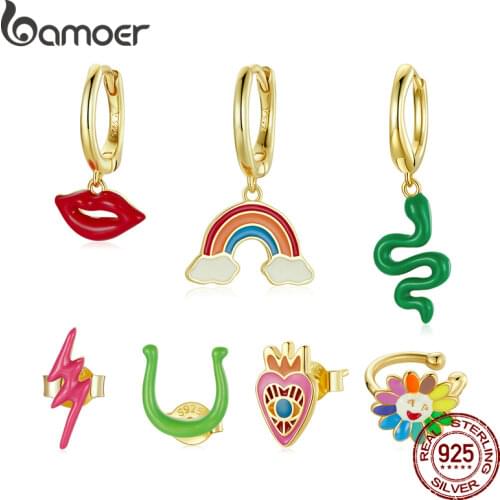 BAMOER 1Piece Gold Enamel Rainbow Earring 925 Sterling Silver Love Eye Earring Red Lip Snake Sunflower Pink Lightning Earring