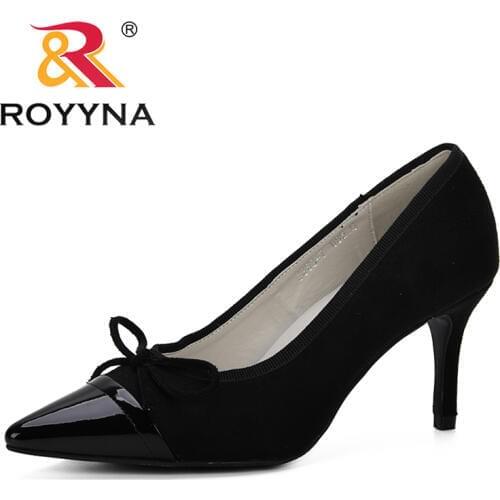 ROYYNA New Classics Style Woman Pumps Shoes Pointed Toe Shallow High Heels Flock Trendy Pumps Shoes Mujer Butterfly-Knot