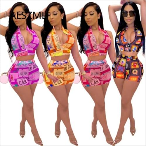 Flower Print Deep V Neck Sleeveless Crop Top And Hot Short 2 Pieces Set Sexy Tight Club Party Tracksuits