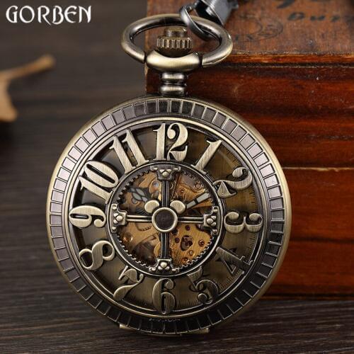 Vintage Bronze Hollow Digital Number Dial Mechanical Pocket Watch Waist Chain Unique Steampunk Classical Mens Clock Pocket Watch