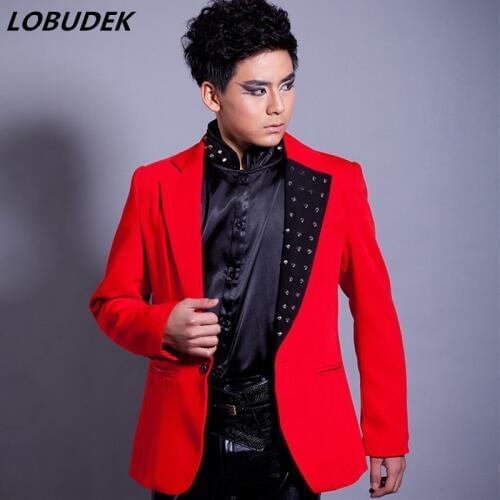 High Quality Cotton Men Suit Jackets Punk Male Singer Rivet Coat Rock Dancer Stage Costume Magician Host Nightclub Bar Clothing