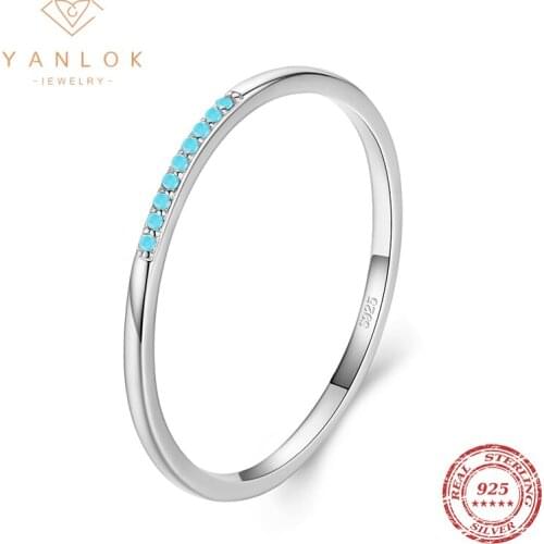 YANLOK Authentic Sterling Silver 925 Slim Small Stackable Rings For Women Blue Turquoise Fashion Fine Jewelry Accessories Anel