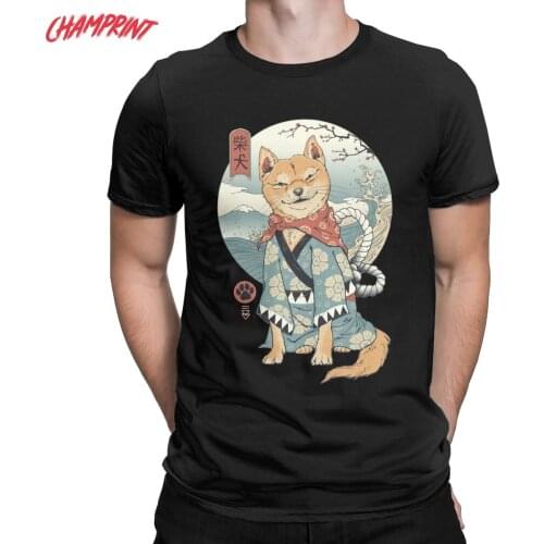 Japan Style Ukiyo E Funny Samurai Shiba Inu T Shirt Men Cotton Novelty T-Shirt Crewneck Dog Tees Short Sleeve Clothing Party