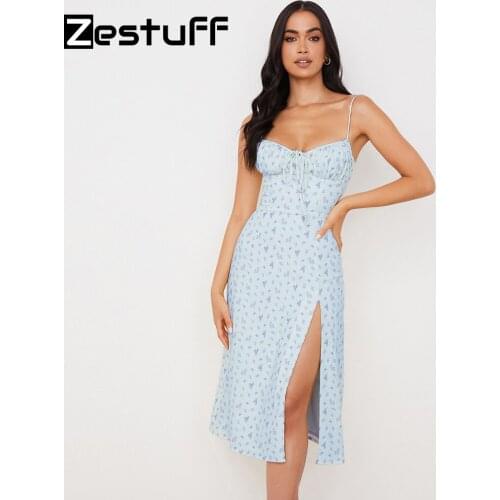 Zestuff Fashion Womens Slip Draped Dress Sleeveless Sexy Night Club Outfits Elegant Party Floral Dresses For Women 2021