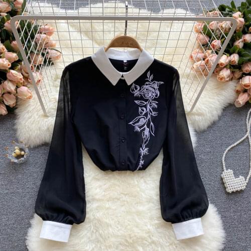 INS New Elegant Clothing Vintage Chiffon Blouse Mujer Floral Embroidery Office Lady Casual Tops Full Lantern Sleeve Shirt Women