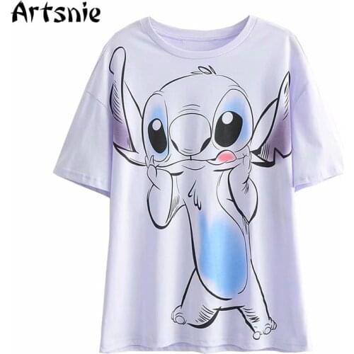 Artsnie Disney Cartoon Print T Shirt Women Summer 2021 O Neck Short Sleeve Purple Tops Streetwear Casual Knitted T-shirts Mujer