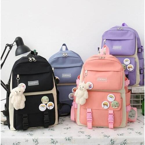 4 Pcs Set Harajuku Women Laptop Backpack Canvas School Bags For Teenage Girls Kawaii College Student Kids Book Bag Rucksack 2021