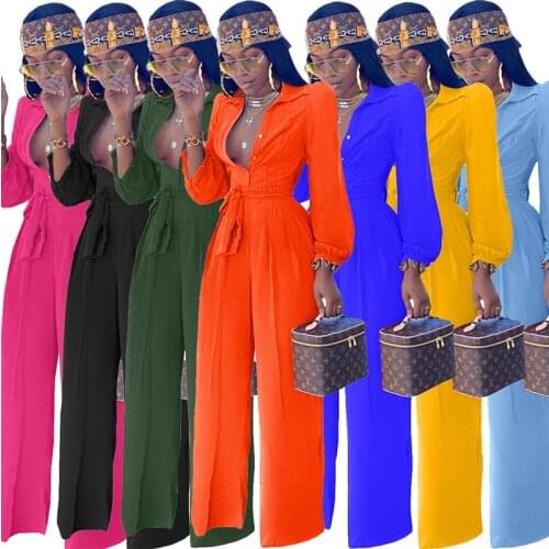 Women Fashion Solid Jumpsuits Autumn Long Sleeve Turn Down Collar Button Up Loose Rompers Shirt One Piece Overalls With Sashes