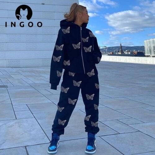 INGOO Butterfly Diamond Stitching Tracksuit 2 Piece Set Women Zipper Hooded Sweater and Pant Casual Sport Outfits Y2K Streetwear