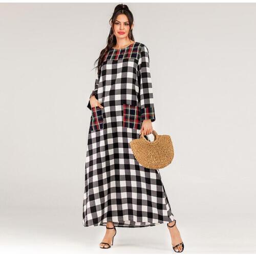 Women Plaid Sukienka Maxi Long Dress Muslim Abaya Arabic Burka Kaftan Caftan Dubai Elbise Islamic Abayas Jilbab Islamique Femme