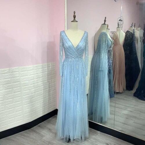 Sky Blue Long Sleeve Beaded Evening Party Gown V Neck Tulle Sequined Backless Formal Women Maxi Dresses Aline