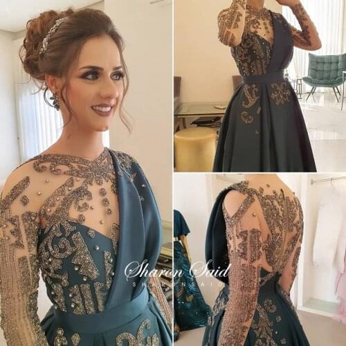 Hunter Blue Long Sleeve Arabic Evening Dresses 2021 Luxury Dubai Gray Beaded Muslim Formal Dress for Women Wedding Party Gowns